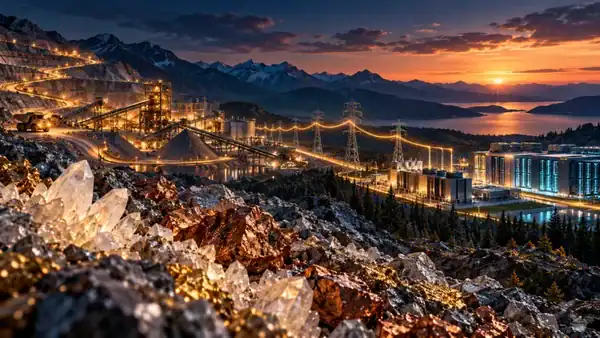 Conceptual illustration of minerals, mining, electricity infrastructure and a data center at dusk.