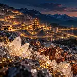 Conceptual illustration of minerals, mining, electricity infrastructure and a data center at dusk.