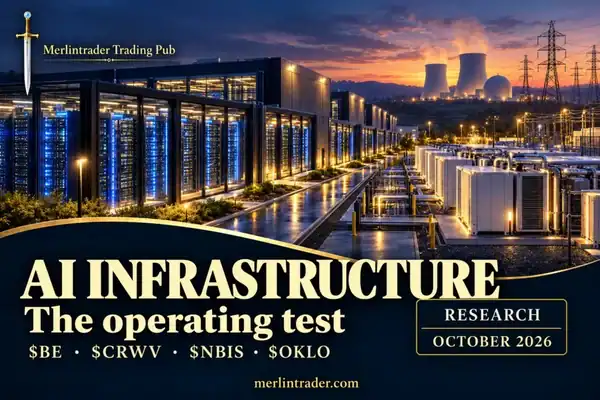Conceptual data center, fuel-cell power and nuclear infrastructure illustration with BE, CRWV, NBIS and OKLO; October 2026.