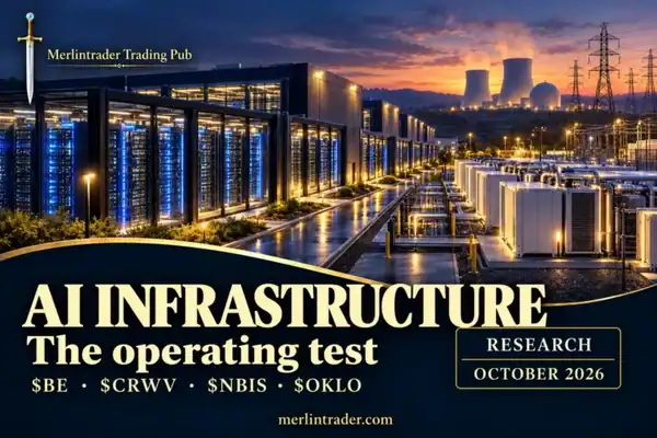 Conceptual data center, fuel-cell power and nuclear infrastructure illustration with BE, CRWV, NBIS and OKLO; October 2026.