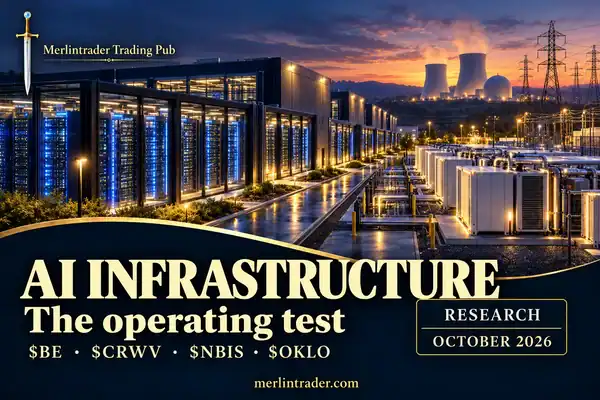 Conceptual data center, fuel-cell power and nuclear infrastructure illustration with BE, CRWV, NBIS and OKLO; October 2026.