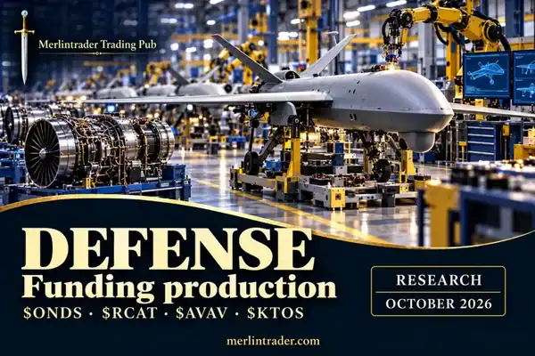 Ondas $ONDS, $RCAT, $AVAV, $KTOS: Funding Production 5 Conceptual defense manufacturing illustration with ONDS, RCAT, AVAV and KTOS; Funding production, October 2026.