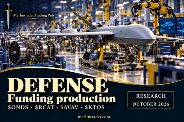 Conceptual defense manufacturing illustration with ONDS, RCAT, AVAV and KTOS; Funding production, October 2026.