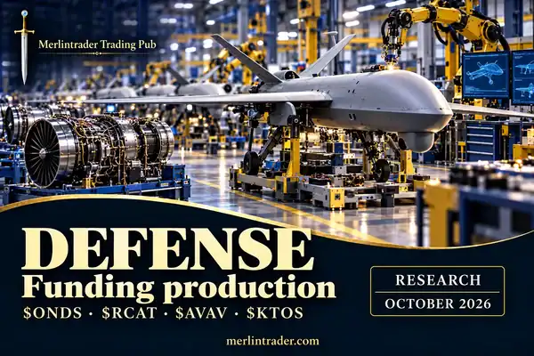 Conceptual defense manufacturing illustration with ONDS, RCAT, AVAV and KTOS; Funding production, October 2026.