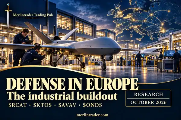 Conceptual European defense industrial illustration with RCAT, KTOS, AVAV and ONDS; October 2026.