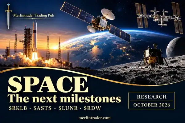 Rocket Lab $RKLB, $ASTS, $LUNR, $RDW: Next Milestones 3 Next milestones: Conceptual rocket, satellite, lunar lander and orbital station illustration with RKLB, ASTS, LUNR and RDW; October 2026.