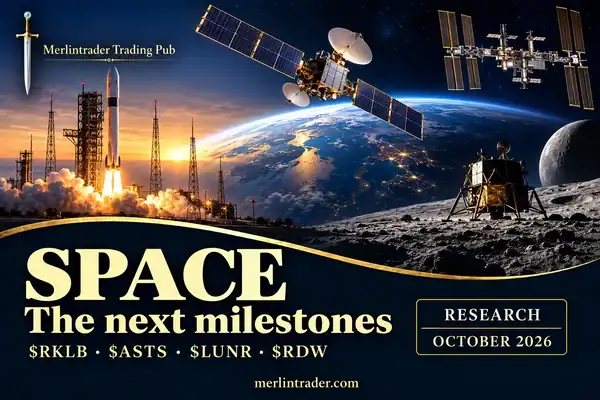Conceptual rocket, satellite, lunar lander and orbital station illustration with RKLB, ASTS, LUNR and RDW; October 2026.