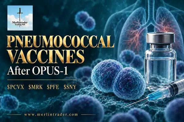 Conceptual pneumococcal vaccine illustration with PCVX, MRK, PFE and SNY and the Merlintrader logo.