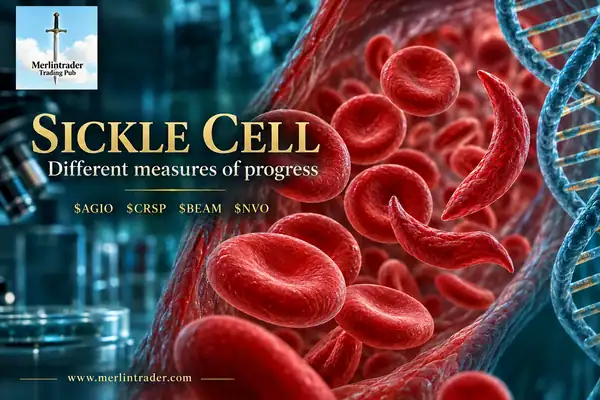 Illustration of red blood cells and sickled cells, with the original Merlintrader logo and AGIO, CRSP, BEAM and NVO tickers.