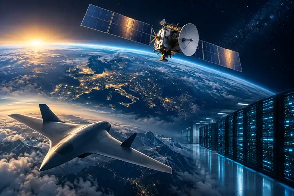 Space, Defense & AI Stocks Hub 2026: The New Infrastructure Race 16 Illustration of a satellite above Earth, a defense aircraft and AI data center servers