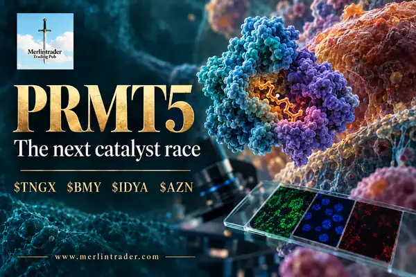 Conceptual PRMT5 oncology illustration with TNGX, BMY, IDYA and AZN and the Merlintrader logo.