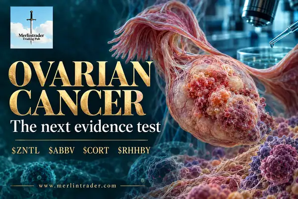 Conceptual ovarian cancer research illustration with ZNTL, ABBV, CORT and RHHBY and the Merlintrader logo.
