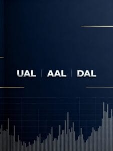 Airlines industry report showing United Airlines (UAL), American Airlines (AAL), and Delta Air Lines (DAL) stock price charts with trading volume analysis