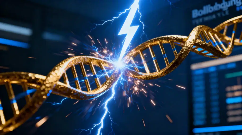 Sequenza di DNA dorata con fulmine blu e scintille, tecnologia genetica e innovazione.