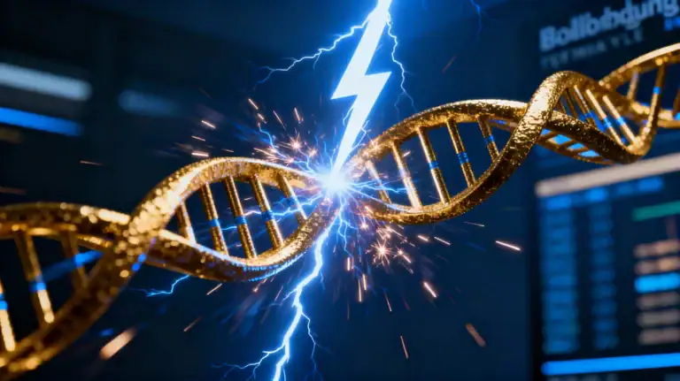 Sequenza di DNA dorata con fulmine blu e scintille, tecnologia genetica e innovazione.